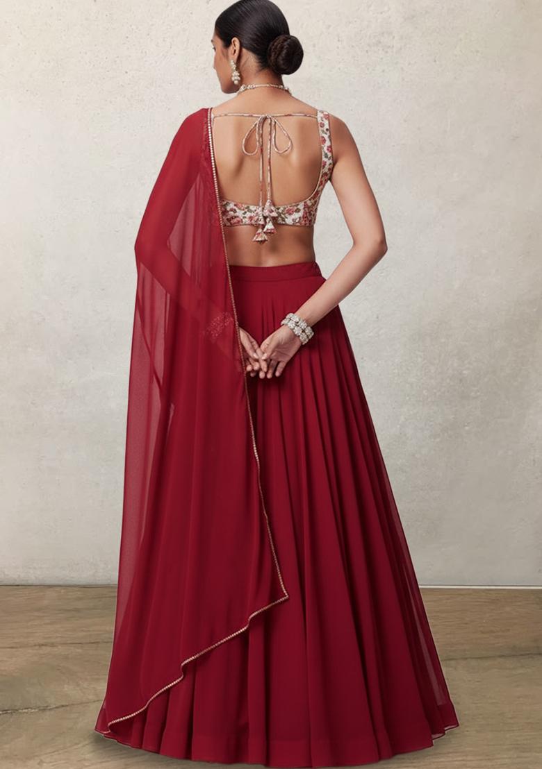 Wine Floral Print Crepe Lehenga Set - Indya