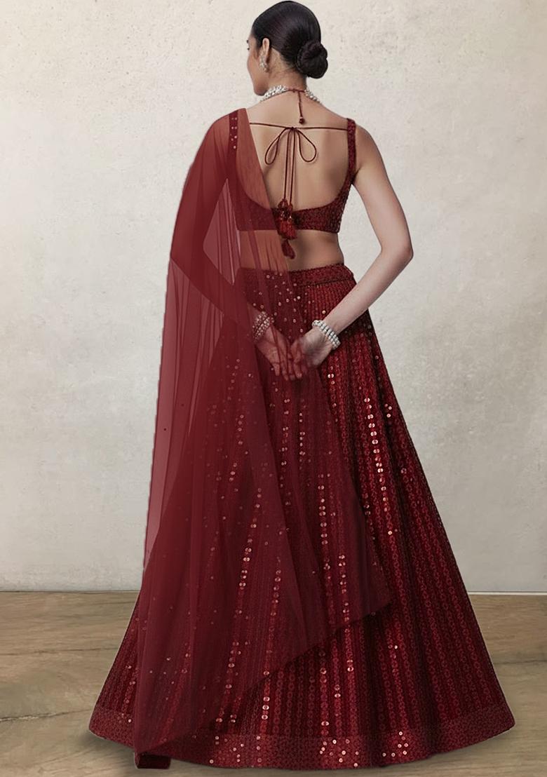 Red Sequin Net Lehenga Set - Indya