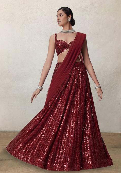 Red Sequin Net Lehenga Set