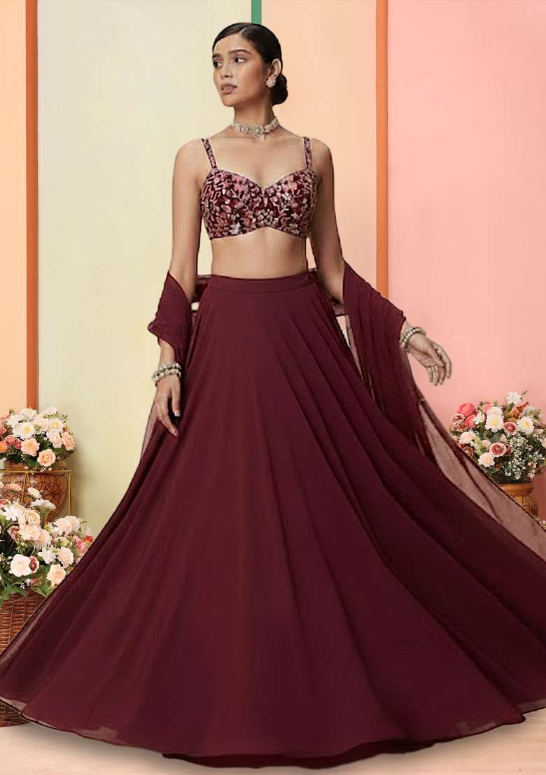 Wine Embellished Net Lehenga Set - Indya