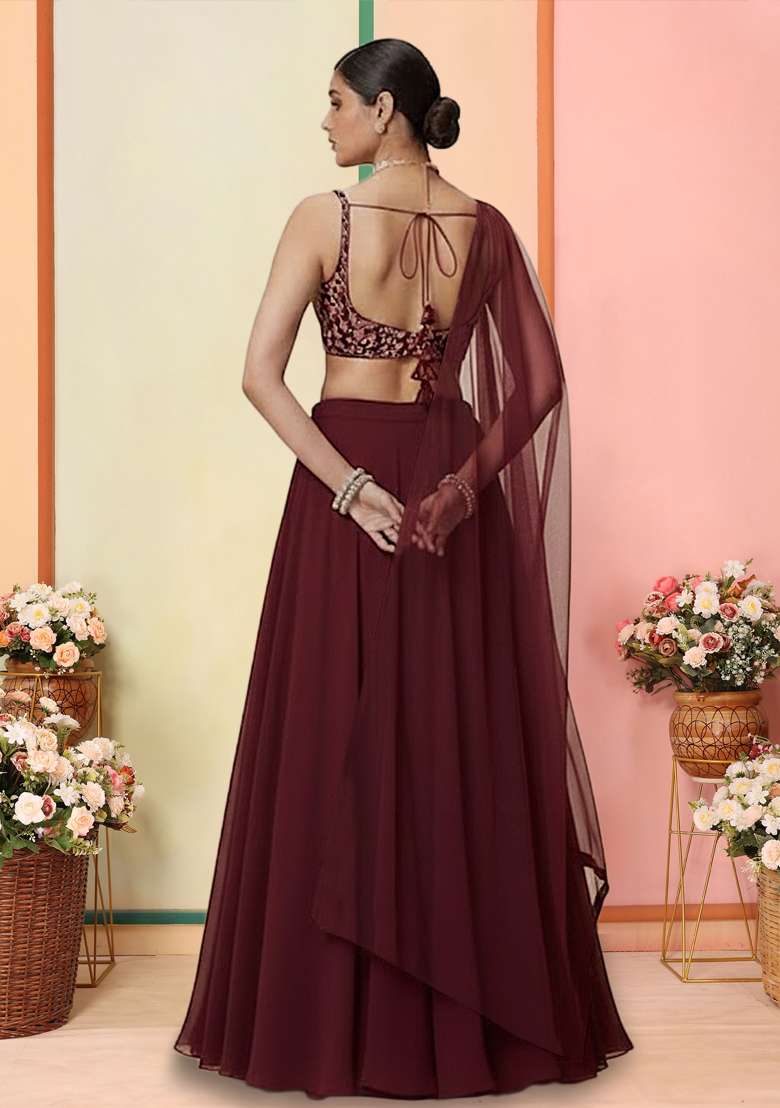 Wine Embellished Net Lehenga Set - Indya