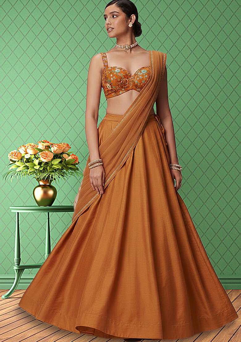 Orange Crepe Lehenga Set with Embroidered for Diwali | Wedding & Festive Wear - Indya