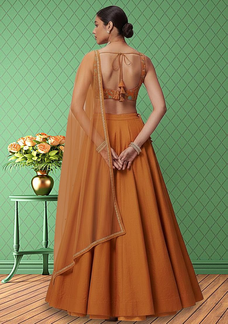 Orange Embroidered Crepe Lehenga Set - Indya