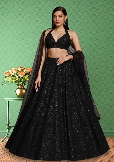 Black Sequin Net Lehenga Set