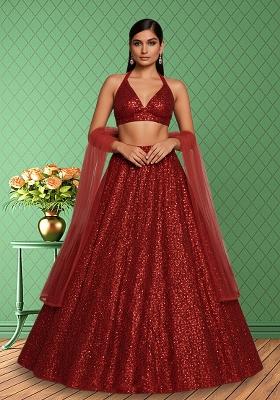 Red Sequin Net Lehenga Set