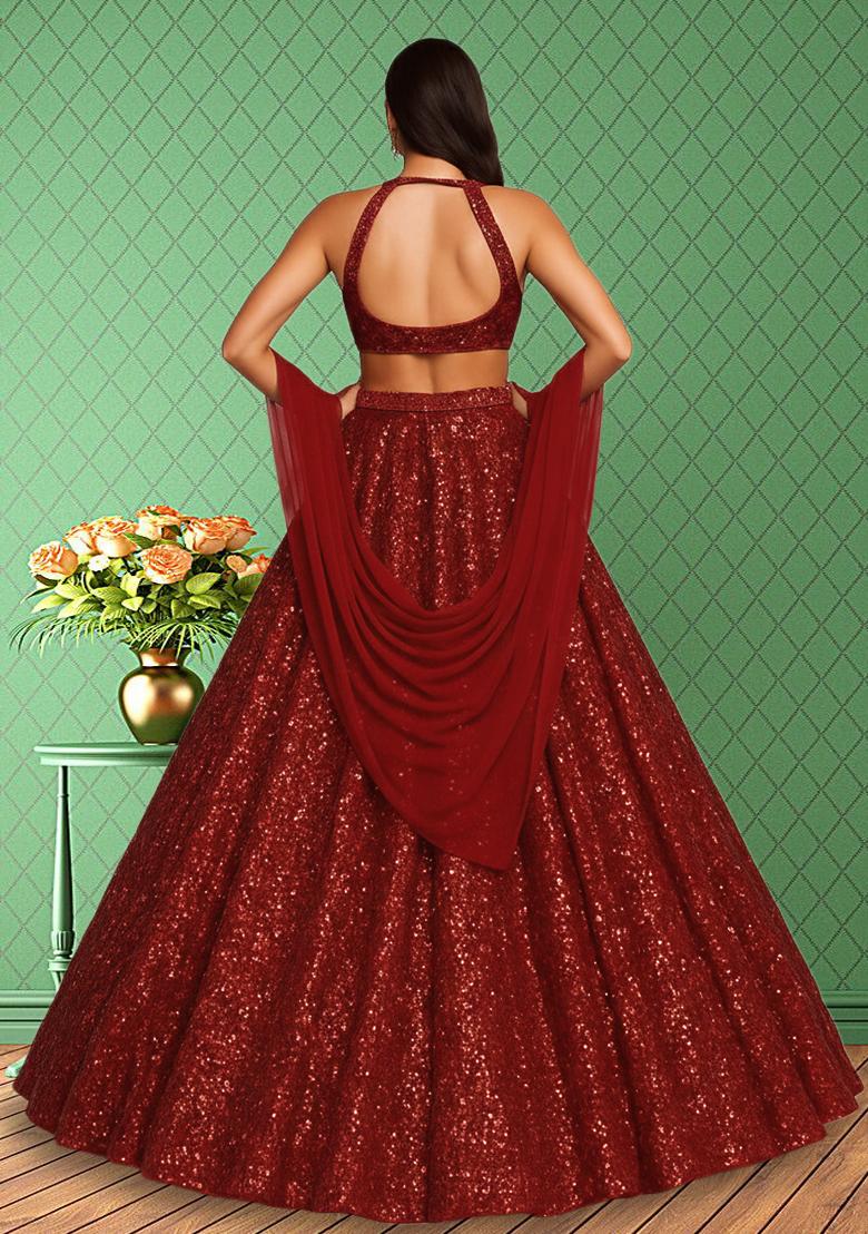 Red Sequin Net Lehenga Set - Indya
