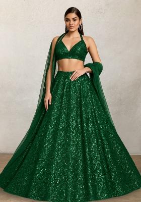 Dark Green Sequin Net Lehenga Set