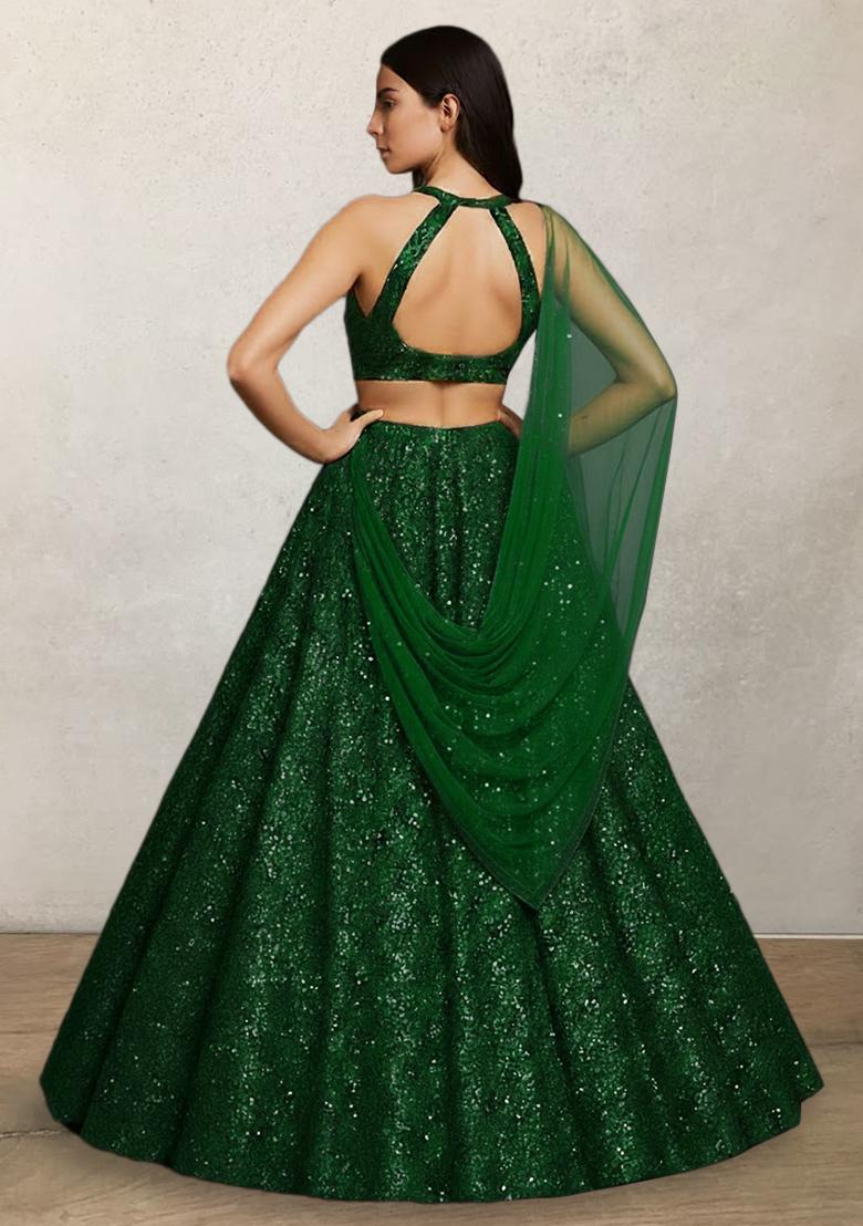 Dark Green Sequin Net Lehenga Set - Indya