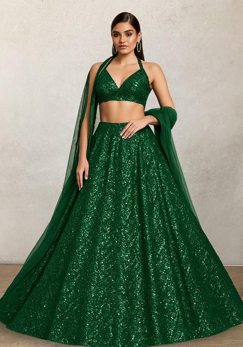 Dark Green Sequin Net Lehenga Set
