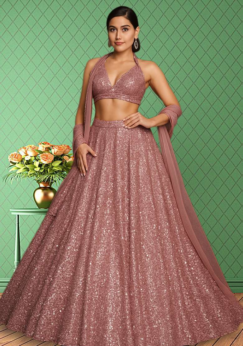 Pink Sequin Net Lehenga Set - Indya