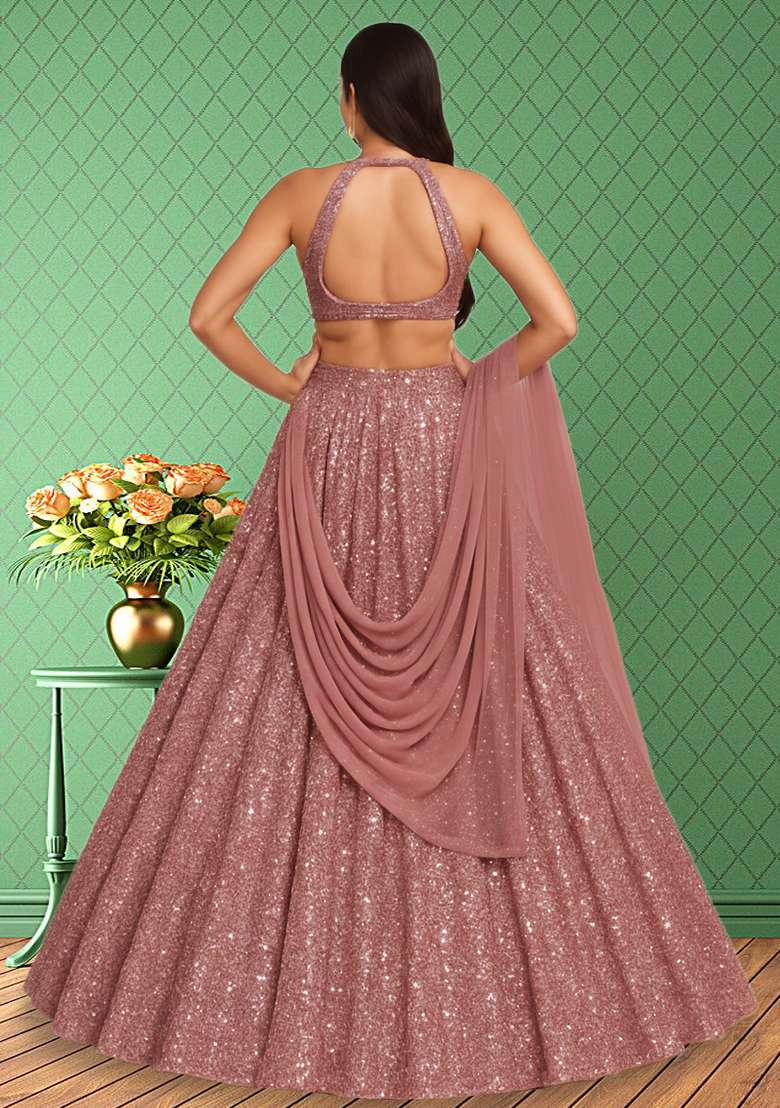 Pink Sequin Net Lehenga Set - Indya