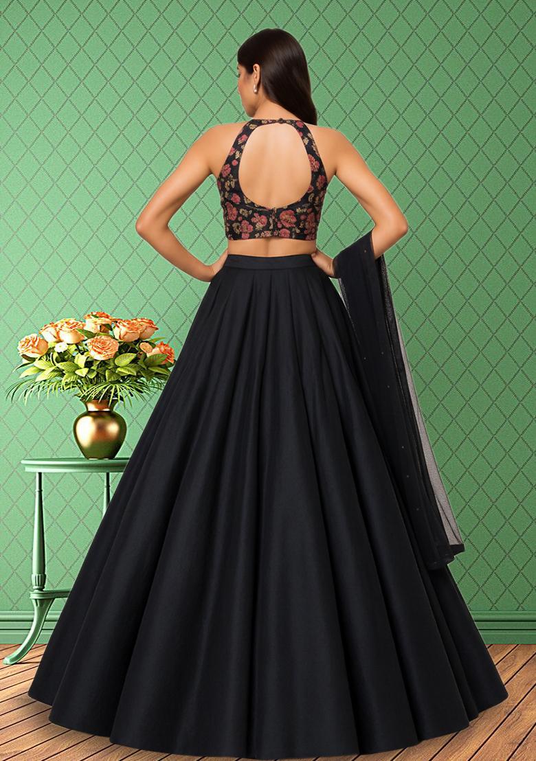 Black Embroidered Silk Lehenga Set - Indya