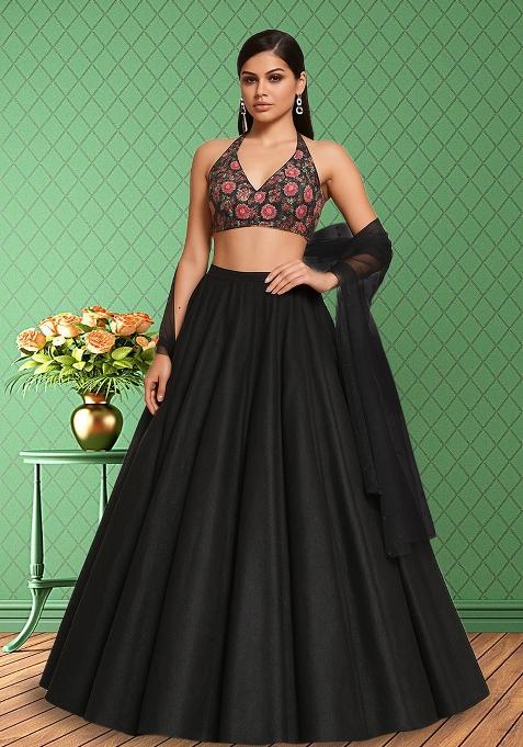 Black Embroidered Silk Lehenga Set