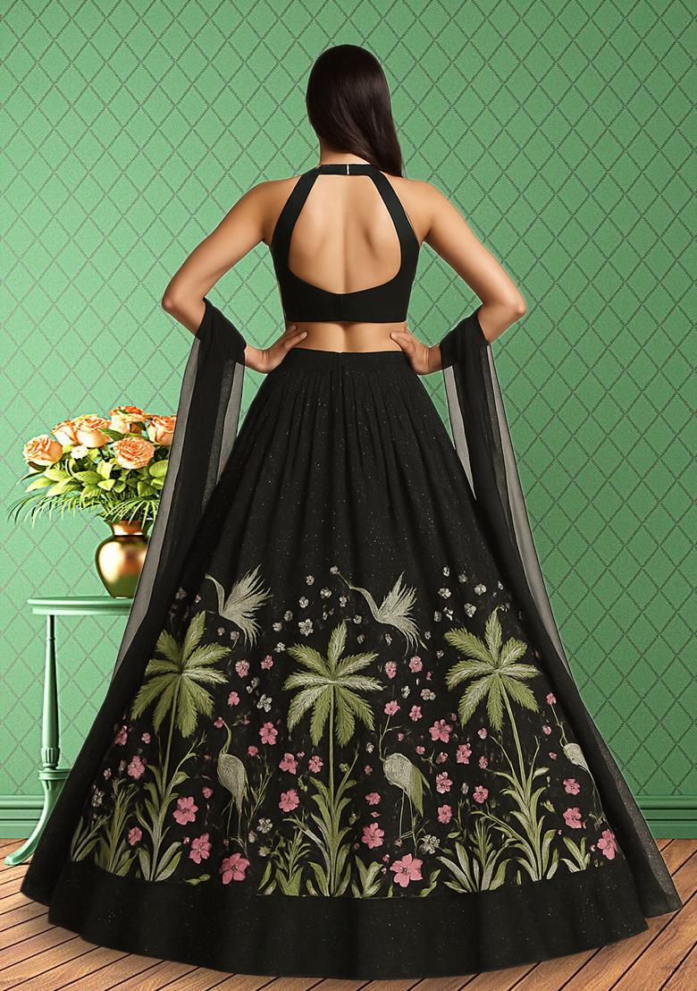 Black Embellished Silk Lehenga Set - Indya