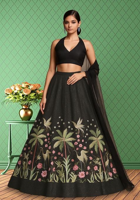 Black Embellished Silk Lehenga Set