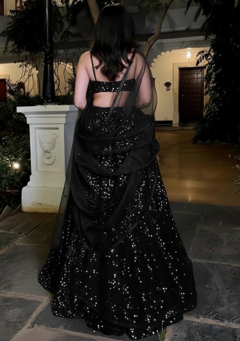 Black Sequin Net Lehenga Set - Indya