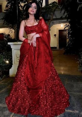 Red Sequin Net Lehenga Set