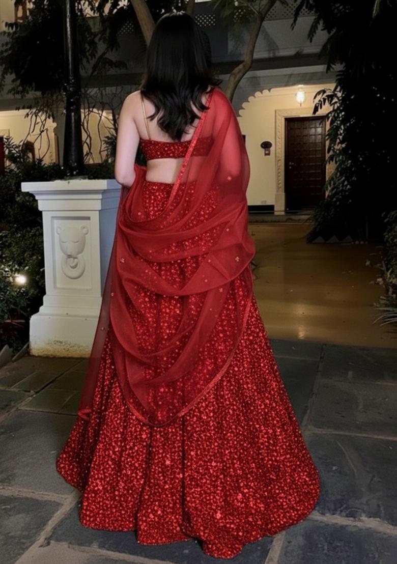 Red Sequin Net Lehenga Set - Indya
