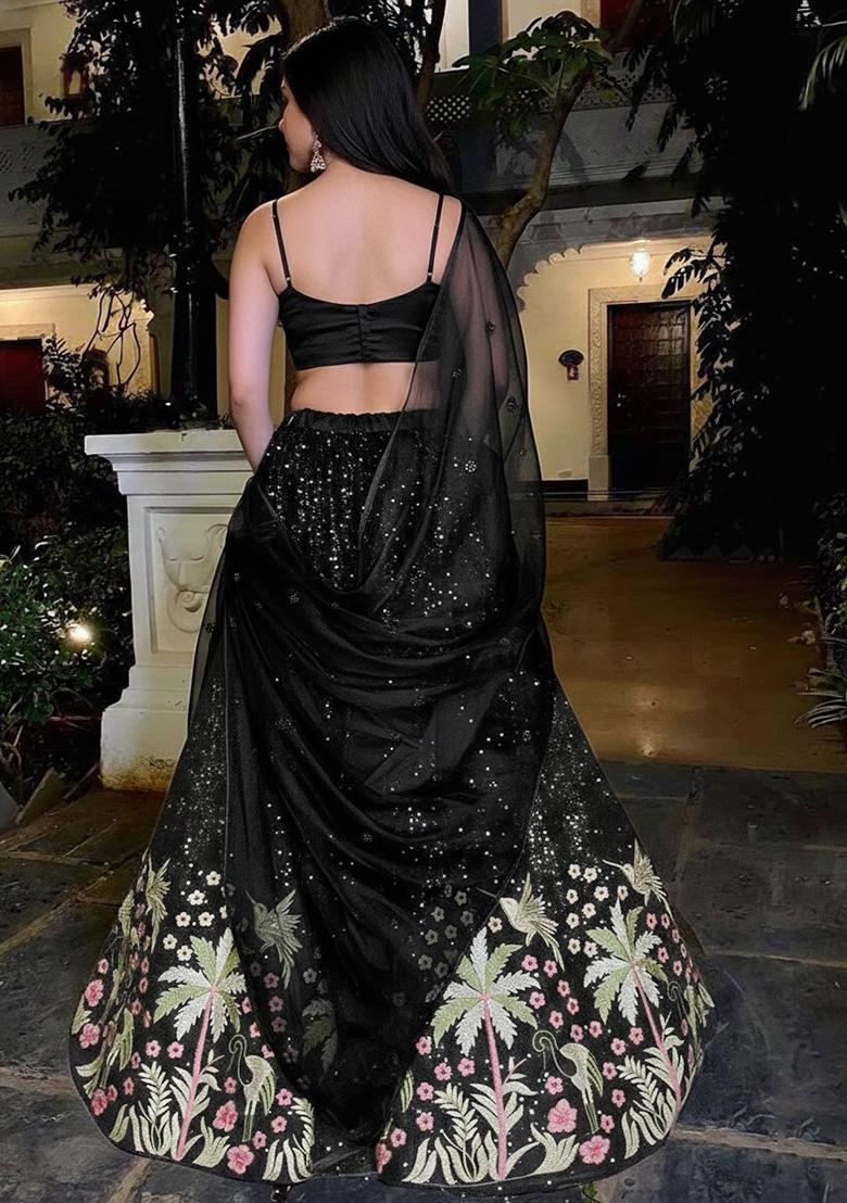 Black Embellished Silk Lehenga Set - Indya