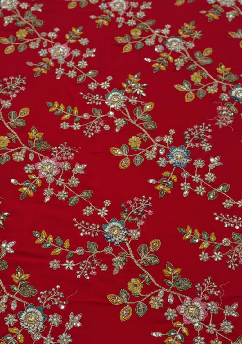 Red Embroidered Crepe Lehenga Set - Indya