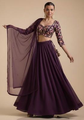 Purple Embroidered Crepe Lehenga Set