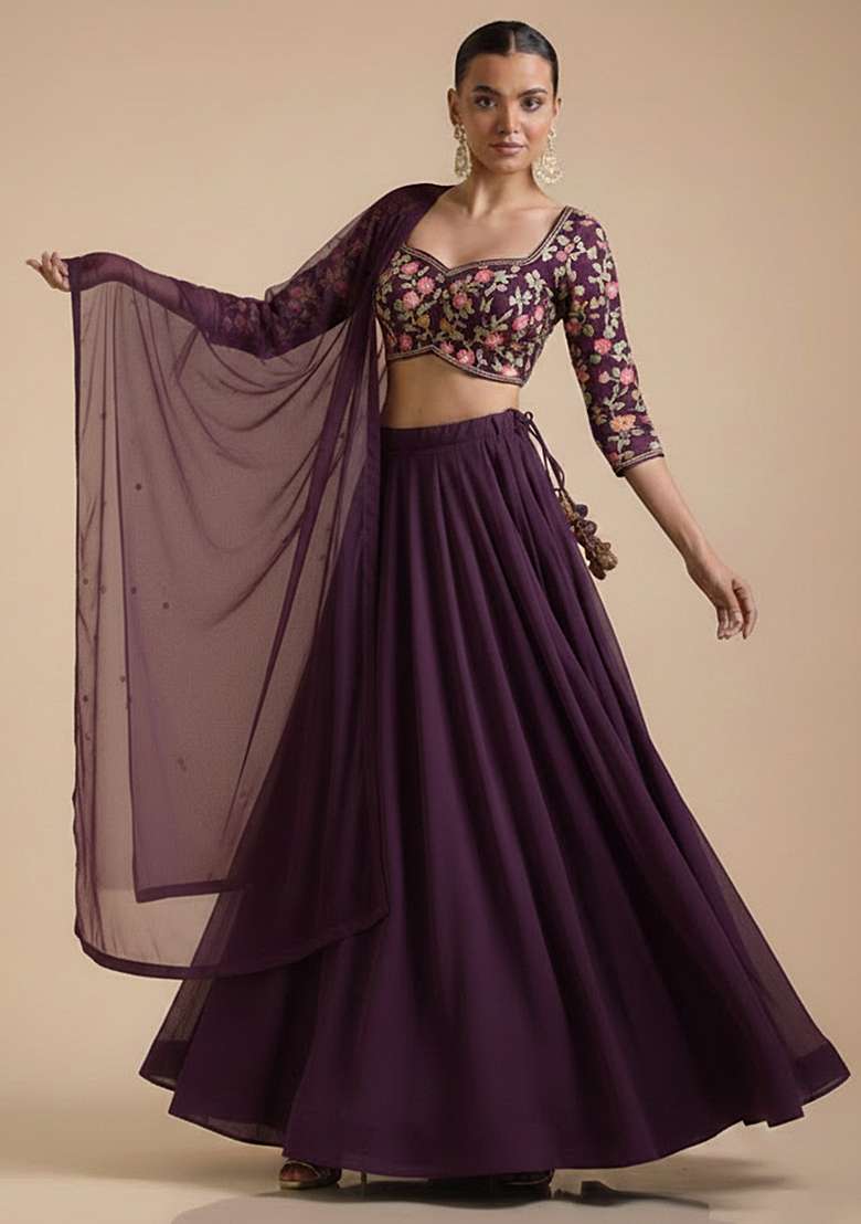 Purple Embroidered Crepe Lehenga Set for Diwali and Festive Wear - Indya