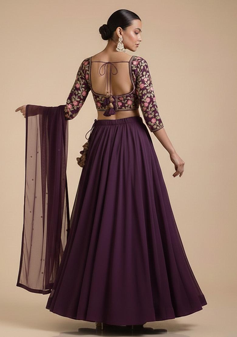 Purple Embroidered Crepe Lehenga Set - Indya