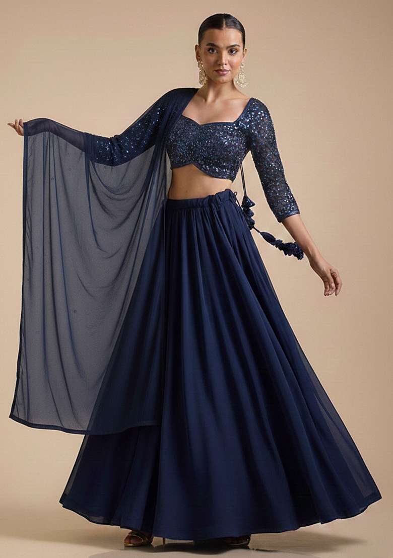 Blue Net Lehenga Set with Sequin for Diwali | Wedding & Festive Wear - Indya