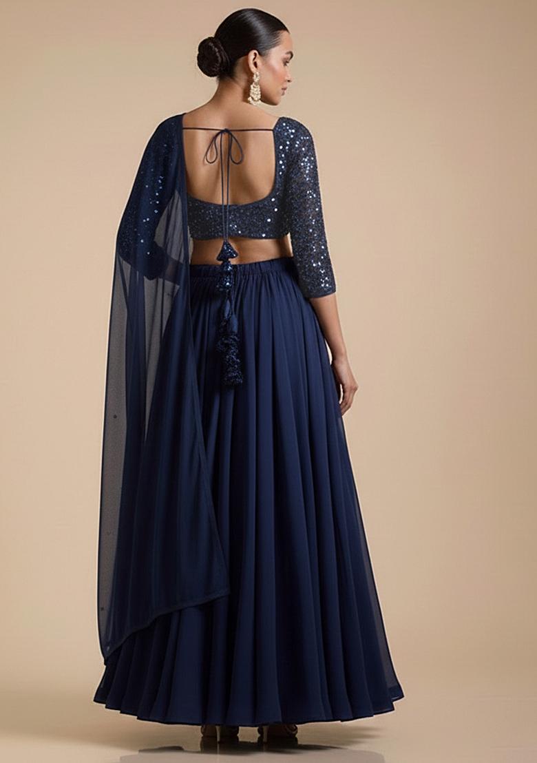 Blue Sequin Net Lehenga Set - Indya