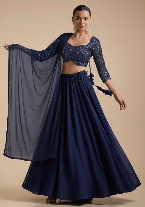 Blue Sequin Net Lehenga Set