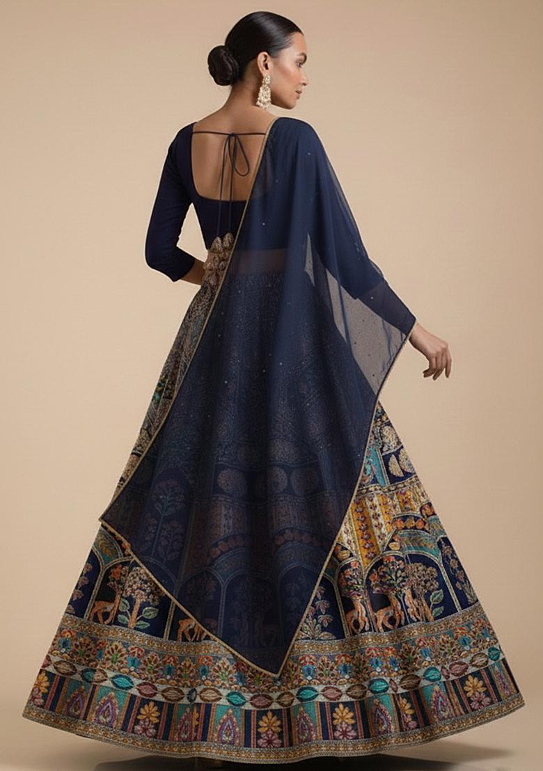 Blue Embroidered Crepe Lehenga Set - Indya