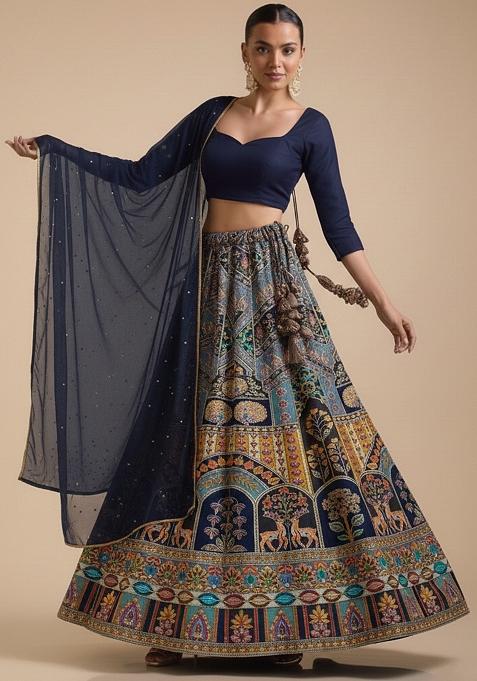Blue Embroidered Crepe Lehenga Set