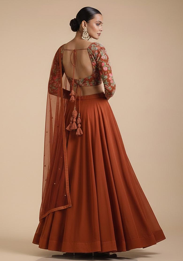 Brown Embroidered Crepe Lehenga Set - Indya