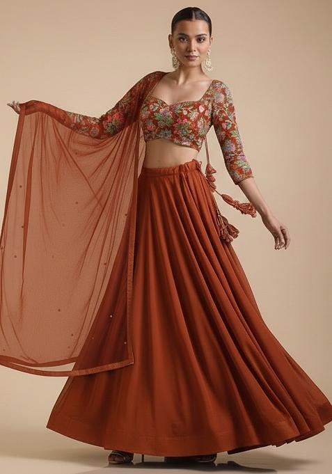 Brown Embroidered Crepe Lehenga Set