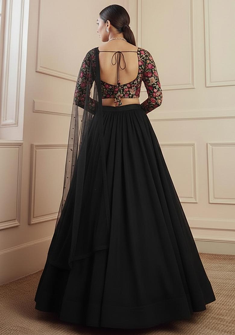 Black Embroidered Silk Lehenga Set - Indya