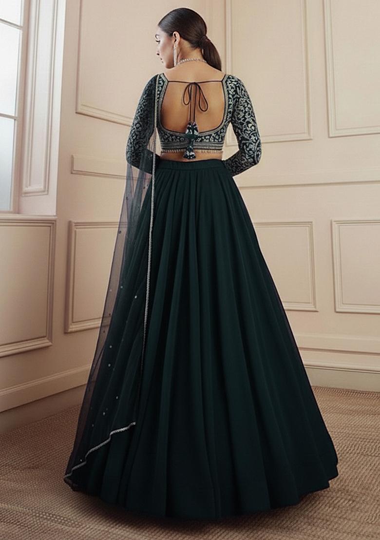 Blue Embroidered Georgette Lehenga Set - Indya