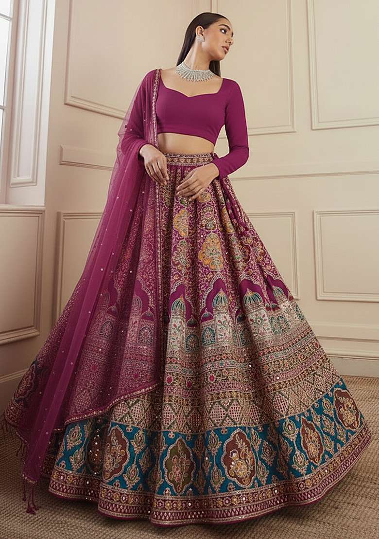 Wine Figure Print Crepe Lehenga Set - Indya