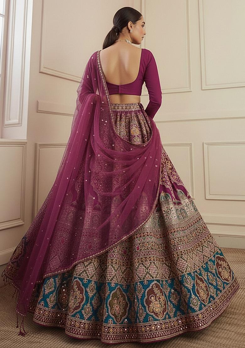 Wine Figure Print Crepe Lehenga Set - Indya