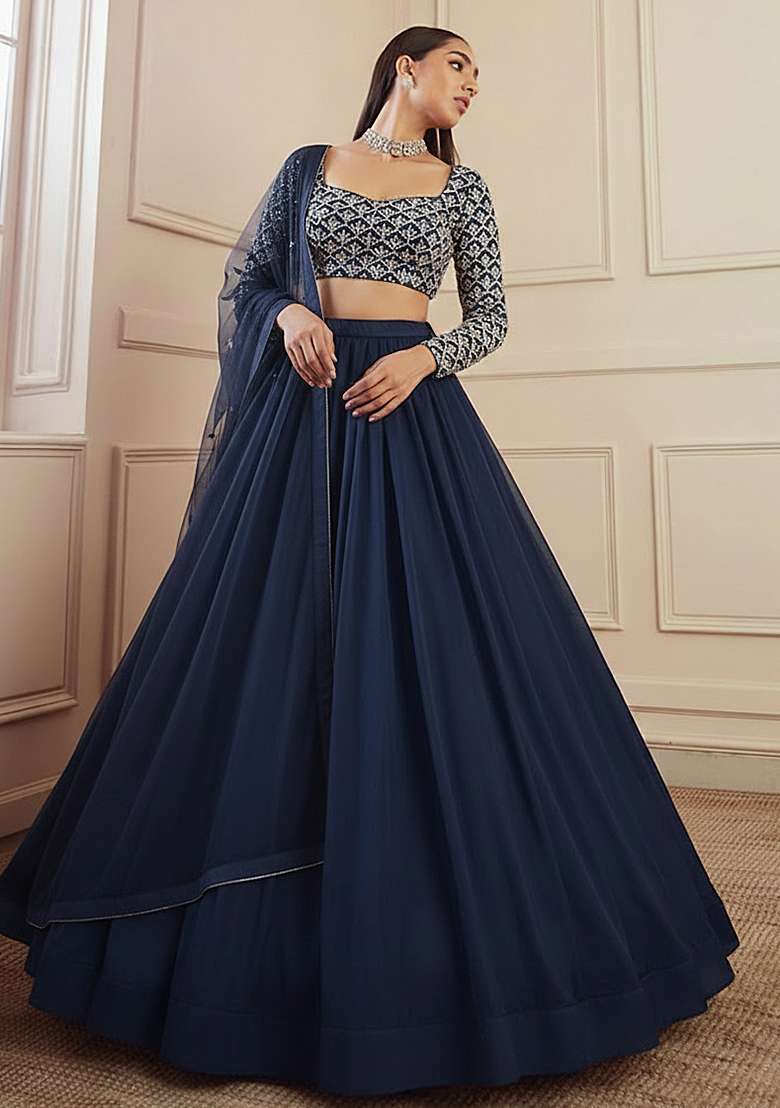 Blue Embroidered Net Lehenga Set - Indya