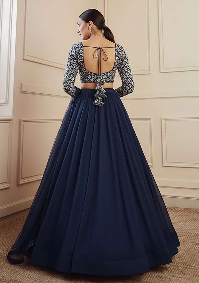 Blue Embroidered Net Lehenga Set - Indya