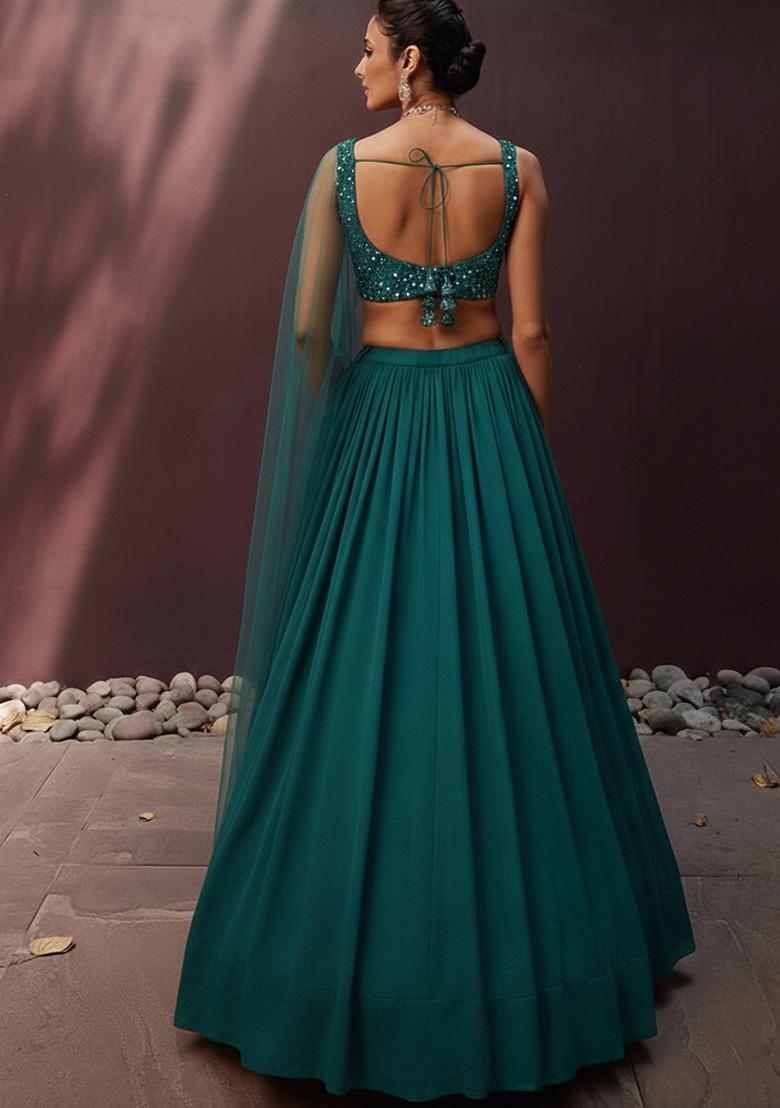 Blue Sequin Net Lehenga Set - Indya