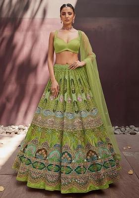 Olive Green Embroidered Crepe Lehenga Set