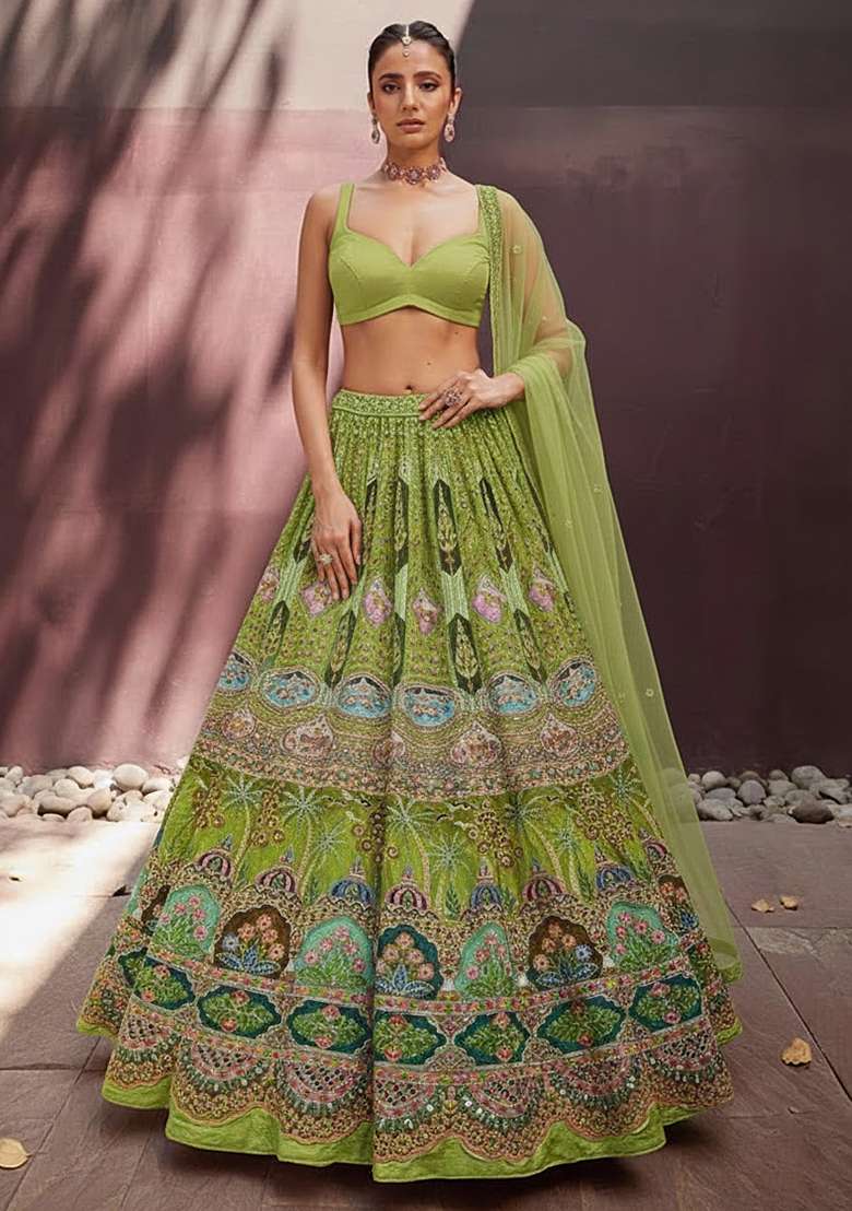Olive Green Embroidered Crepe Lehenga Set - Indya