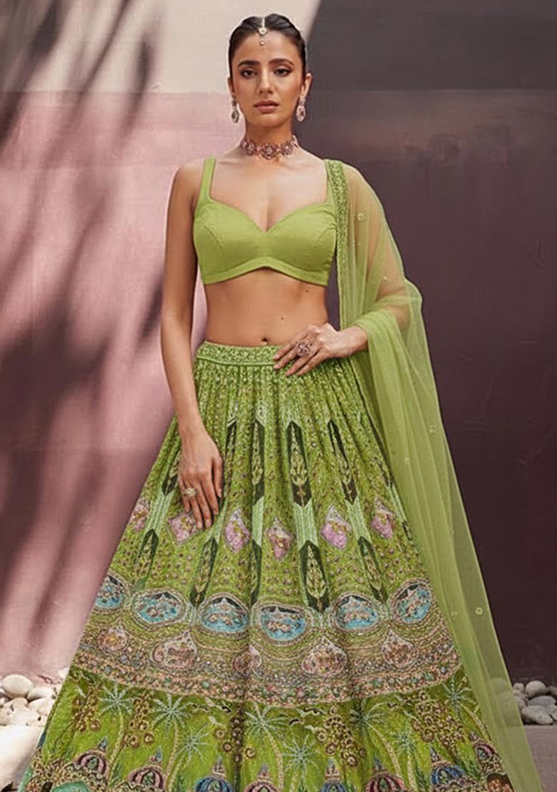 Olive Green Embroidered Crepe Lehenga Set - Indya