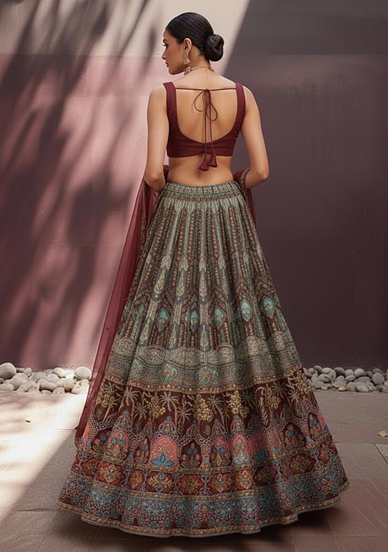 Wine Embroidered Crepe Lehenga Set - Indya
