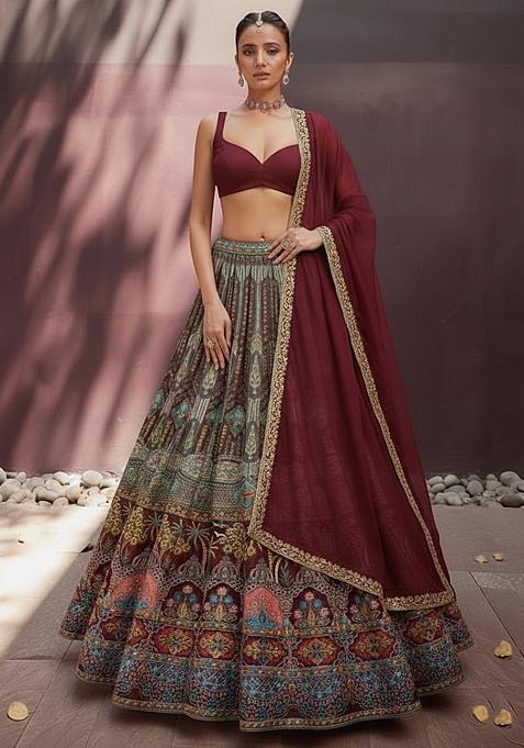 Wine Embroidered Crepe Lehenga Set