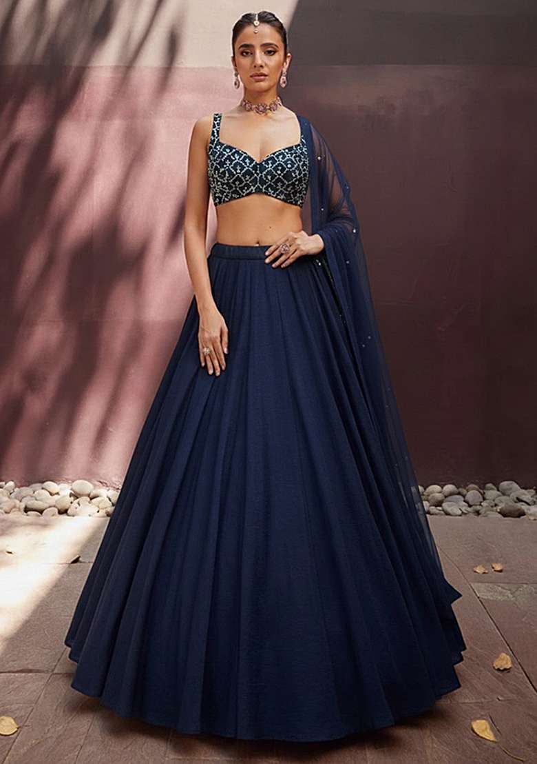 Dark Blue Embroidered Net Lehenga Set - Indya