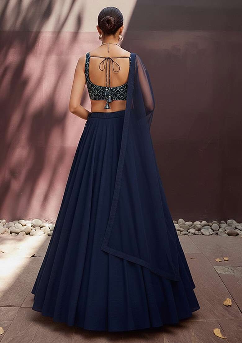 Dark Blue Embroidered Net Lehenga Set - Indya