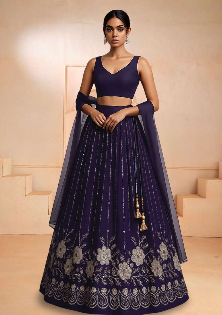 Deep Purple Embroidered Crepe Lehenga Set - Indya