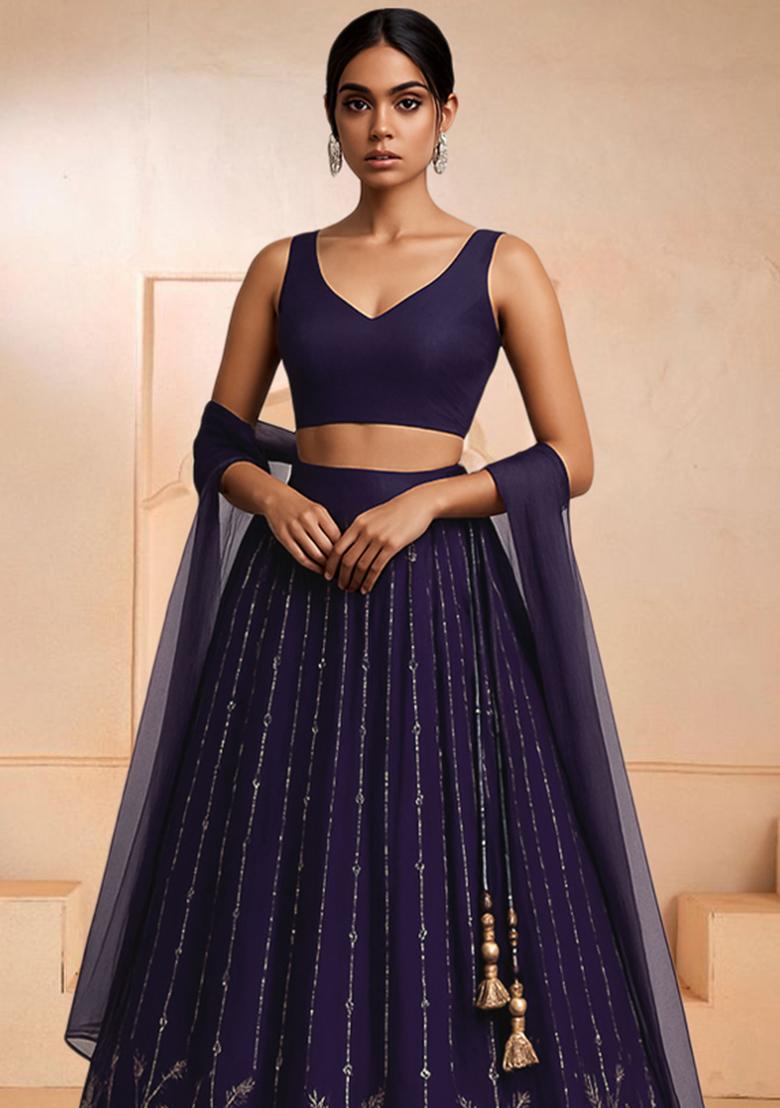 Deep Purple Embroidered Crepe Lehenga Set - Indya